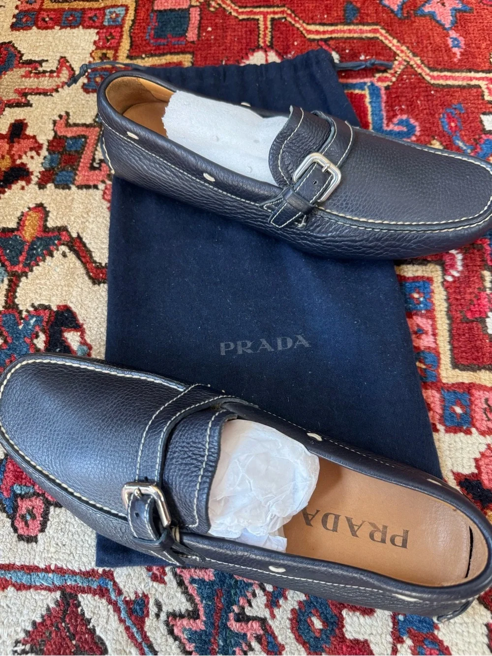 Prada Navy Blue Leather Buckle Loafers